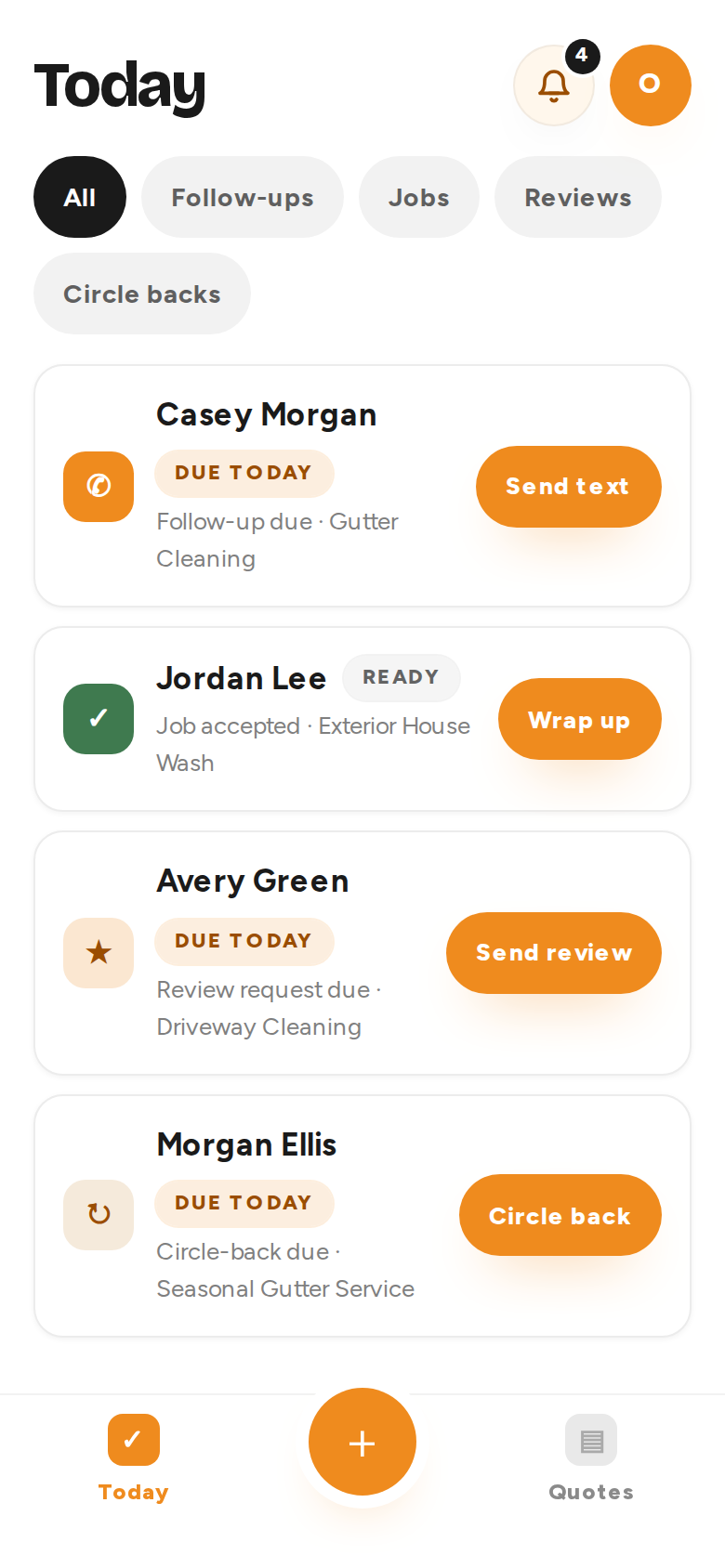 CircleBak Today screen showing every follow-up task in one list